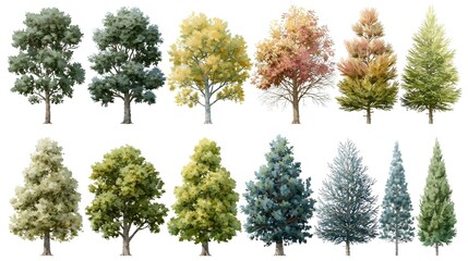 Fototapeta premium Pack of colorful trees in elevation and plan view for use in architectural drawings isolated on white background background Stock Illustration