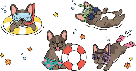 Cute french bulldog puppy summer vector cartoon characters set swimming diving and snorkeling on white background © MST