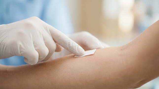 Medical professional applying an allergy patch test to a patient forearm in a clinical setting.