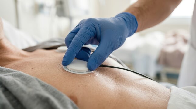 Medical practitioner hand adjusting an ECG sensor electrode on a patient chest during a heart monitoring procedure.