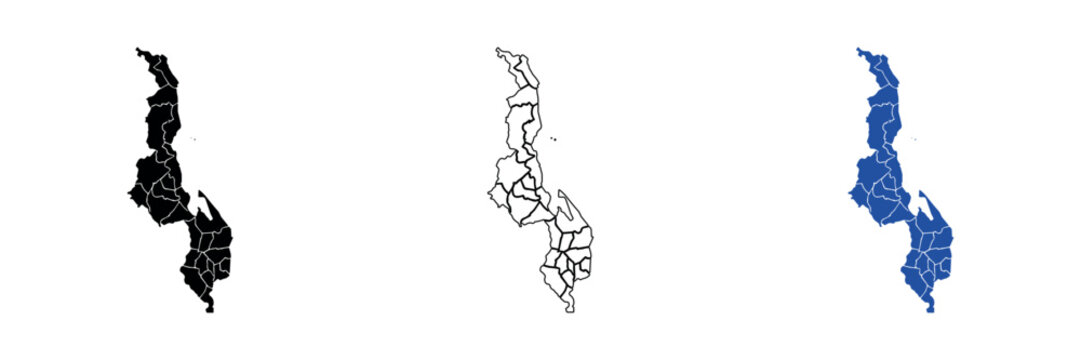 Map of Malawi with administrative divisions highlighted in black and blue