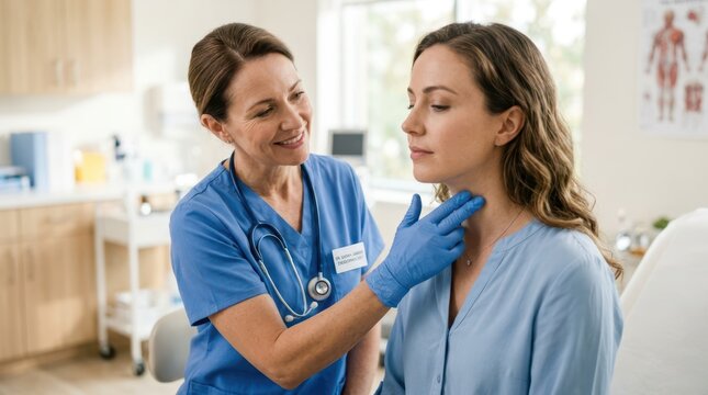 Medical professional in blue uniform examining the thyroid gland area on a patient neck in a bright clinic room.