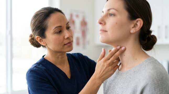 A medical specialist checking the thyroid gland and lymph nodes on a patient neck during a clinical examination.