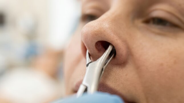 Close up of an ENT doctor using a metallic nasal speculum instrument to perform a nose examination on a patient.