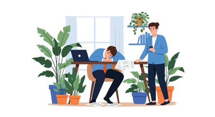 The image shows a man sleeping at his office desk while a concerned female colleague stands next to him holding a cup of coffee. © Andy
