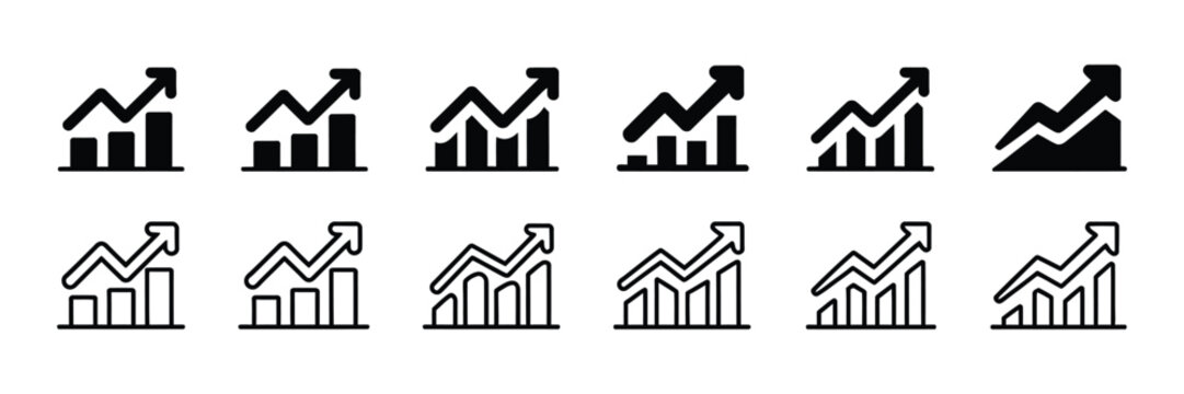 Growth icons, arrow up growing graph business chart analytics and financial success symbols for modern vector illustration