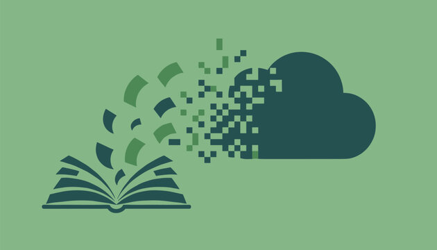 An open book digitally transforms into a cloud of pixels, symbolizing the shift from traditional learning to cloud-based digital education.