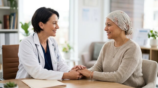 Oncologist providing empathetic support and discussing treatment therapy with a cancer survivor patient wearing a headscarf.