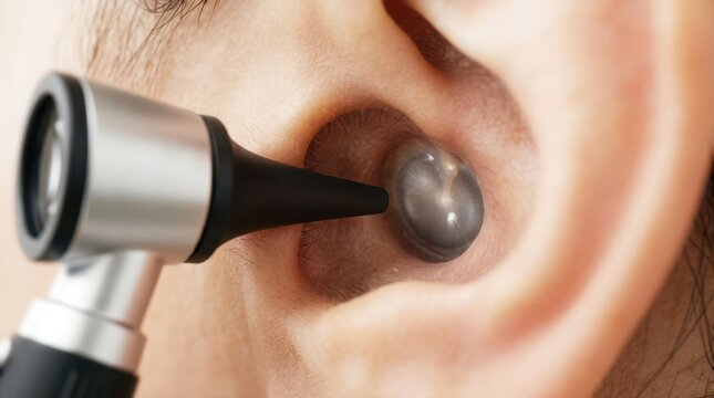 Macro shot of a professional metallic otoscope tool tip illuminating and focusing deep inside a human ear canal for clinical checkup.
