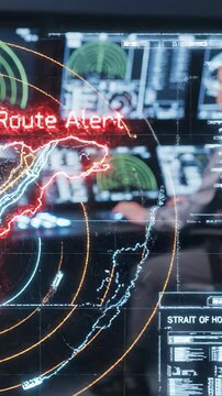 Tactical Hologram of Strait of Hormuz Shipping Blockade Map, Geopolitical Conflict and Maritime Trade Route Disruption, Persian Gulf Logistics Choke Point Military Strategy Graphic