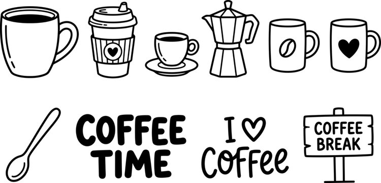 Hand drawn doodle collection of coffee cups mugs pots and text signs for a coffee break time