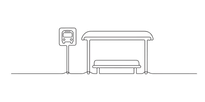 Single line abstract bus stop. Continuous line drawing of roadside bus shelter for public transportation. Urban mobility theme. Clean architectural style. One line vector illustration.