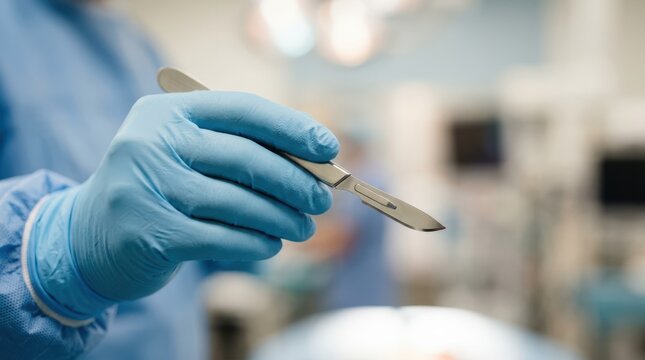 Close up of a surgeon hand in a blue protective glove holding a sharp steel scalpel instrument in a sterile operating room.