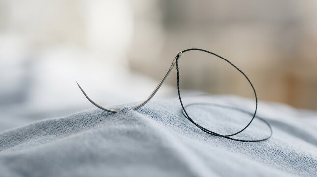 Macro shot of a curved metal surgical suturing needle attached to a black silk thread on a sterile fabric drape in a hospital.