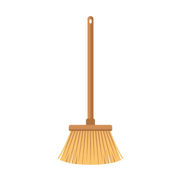 Vector illustration of a traditional yellow broom standing upright on a clean surface with its wooden handle
