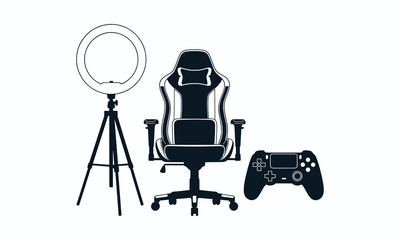Modern Gaming Setup Silhouette with Ergonomic Chair Ring Light and Video Game Controller Icons © Riyad