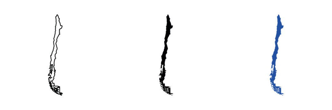 Outline and filled maps of Chile in black and blue on a white background