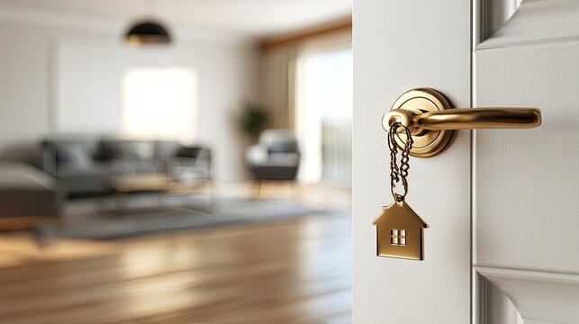 Open door revealing modern living room with golden house key