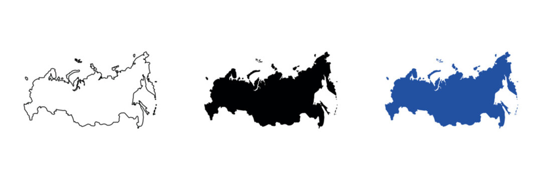 Outline and silhouette maps of Russia, a vast Eurasian country