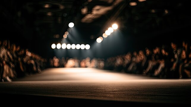 Blurred runway spotlights illuminate audience seats at a dimly lit fashion show