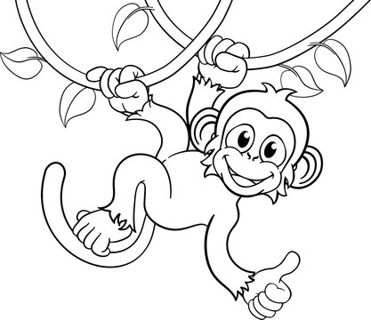 A monkey cartoon character singing on jungle vines and giving a thumbs up