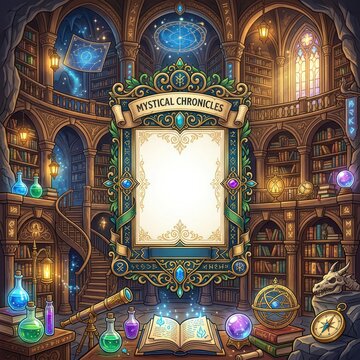 A mystical library with a large ornate frame, glowing orbs, books, and magical objects
