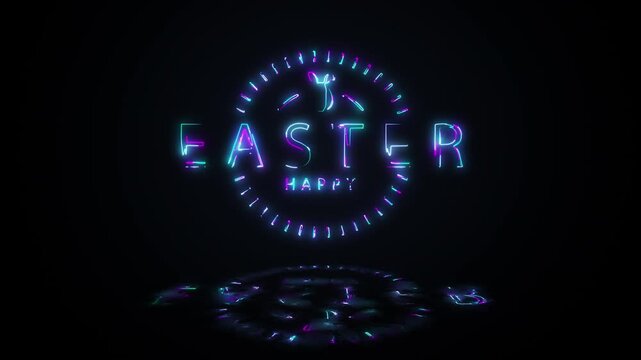 Abstract animation of  Happy Easter glow colorful neon laser text effec on black background  Ending cover for intro, title banner.Quicktime Prores 4444 encode. 4K 3D rendering seamless loop Crypto Cur