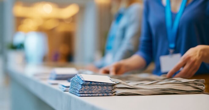 Event registration desk with lanyards