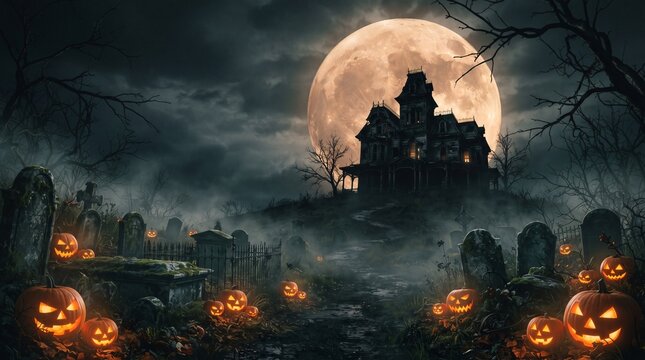 Large glowing orange pumpkins sit in a dark spooky cemetery beneath a giant full moon and an old haunted mansion