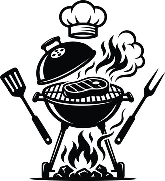 Barbecue grill illustration with chef's hat and utensils black and white vector