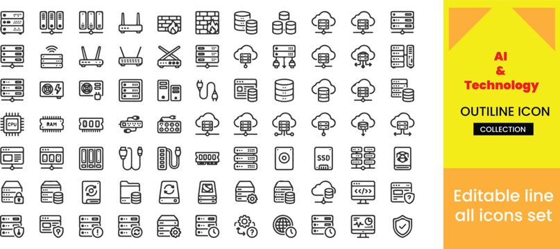 Set of thin line server hosting and network technology icons for web and mobile application