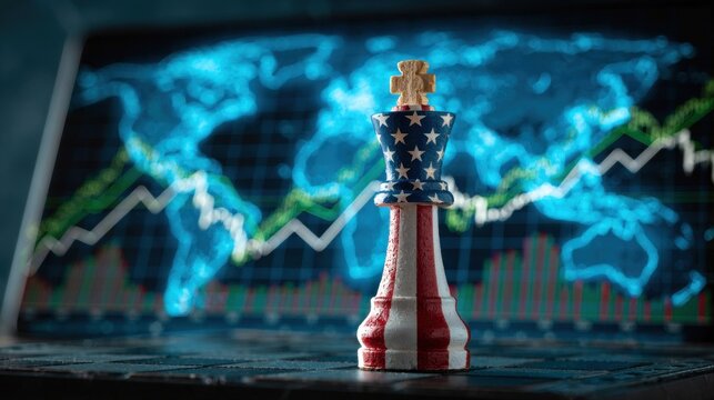 Concept of global market strategy with king chess piece painted in American flag colors standing in front of digital world map and rising financial data graph