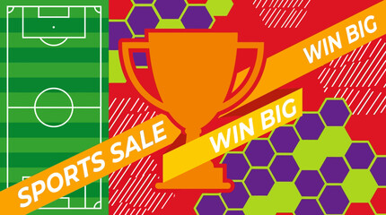 A vibrant illustration of a soccer field with a trophy and sale banners on a colorful background © Fendi