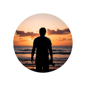 Man at sunset. Photographer on beach. Travel lifestyle.