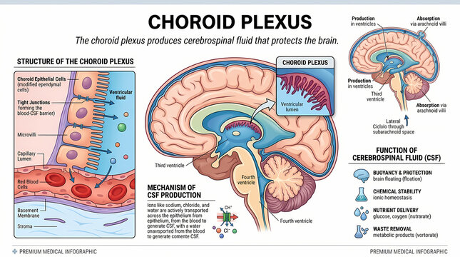 Anatomical Diagram Showing Choroid Plexus Structure and CSF Production Process.