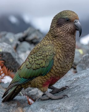 Intelligent Kea Parrot Perched on Rocky Alpine Terrain Under a Cloudy Sky
