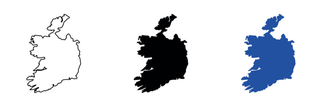 Outline and silhouette maps of the island of Ireland in different colors