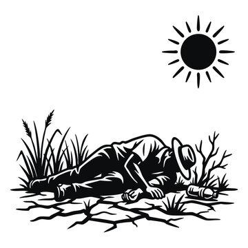 Person collapsed on cracked earth under relentless sun. Extreme heat, drought and dehydration concept. Black and white vector illustration isolated on transparent background