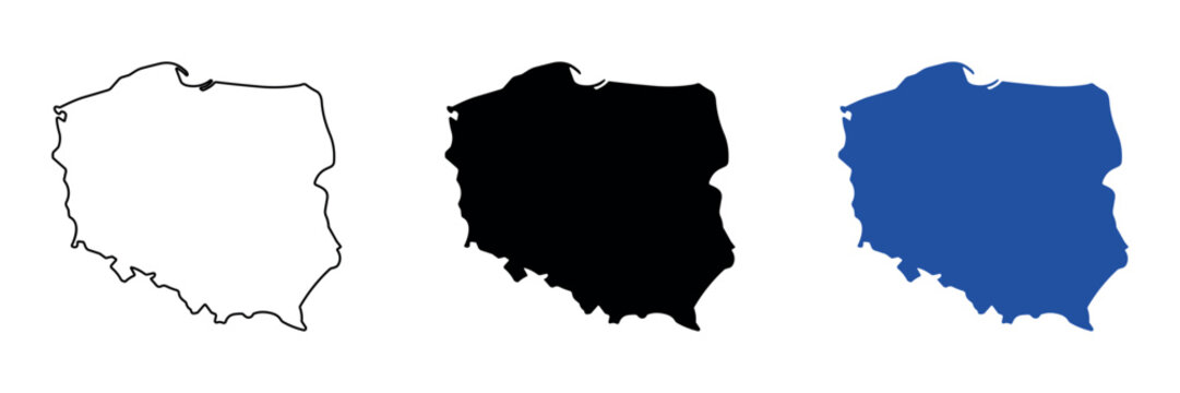 Outline map of Poland in three distinct styles: black and white, solid black, and blue