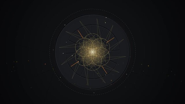 Glowing gold sacred geometry expanding from a dark rotating compass dial on black background.