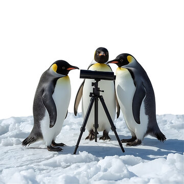 Three emperor penguins standing together. Group of Antarctic birds posing on snow with tripod. Wildlife photography subjects in icy habitat.