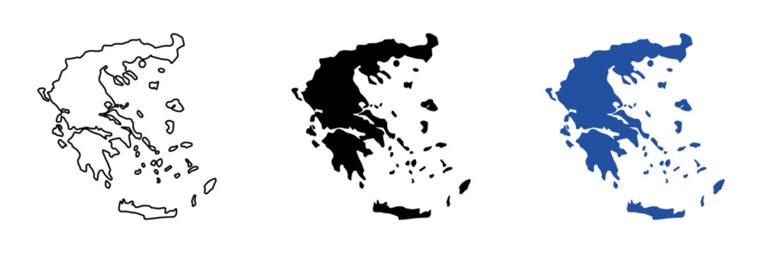Outline and silhouette maps of Greece with islands