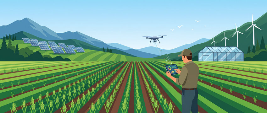 Minimalist flat vector landscape of a modern farmer using a smart tablet and drone in a green crop field