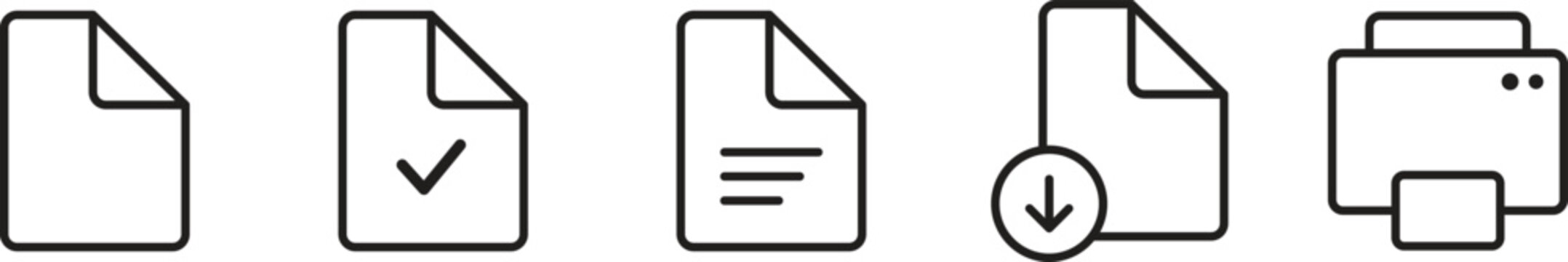 Doc icon set. Paperwork icon. Attach document icon. Papers icons in black glyph
