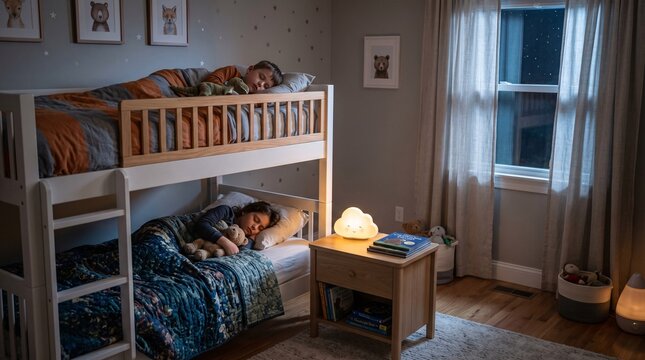 Children sleeping peacefully in a wooden bunk bed inside a cozy bedroom at night with a glowing cloud nightlight illuminating the room while stars shine through the window glass pane.