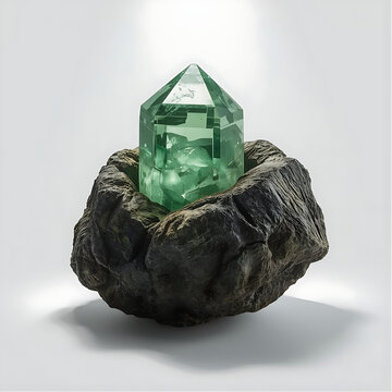 Green crystal. Raw mineral gemstone. Luxury geological specimen isolated.