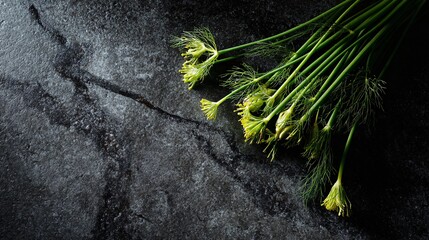 Naklejka premium A dark moody composition with fennel placed in one corner of a black stone surface with dramatic shadows