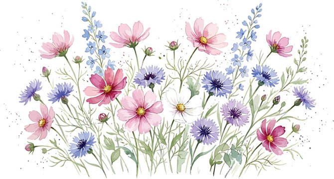 Watercolor floral arrangement with pink cosmos and blue cornflowers isolated on a white background vector illustration