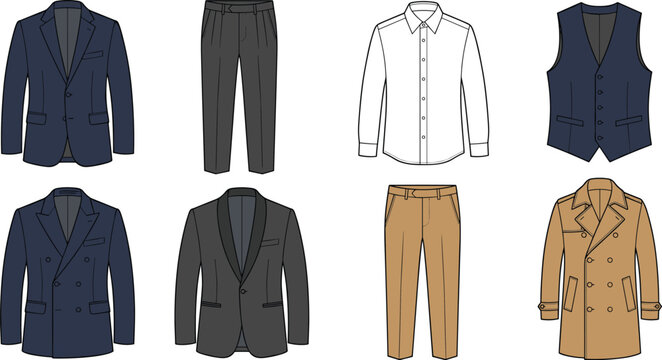 Set of men's formal wear fashion flat sketches featuring suits, dress shirts, vests, trousers, and trench coats.