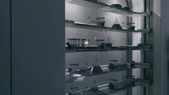 Ultra cold research freezer with samples, cryogenic canisters, monitored seals and alarms, cataloged storage boxes, compliance labels and scheduled retrieval